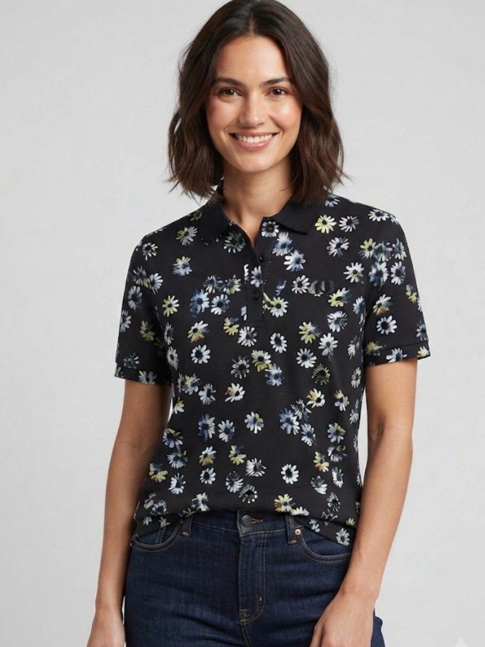 S Fred Perry Women’s Floral Polo Shirt Black Daisy Print Embroidered Logo US 10
